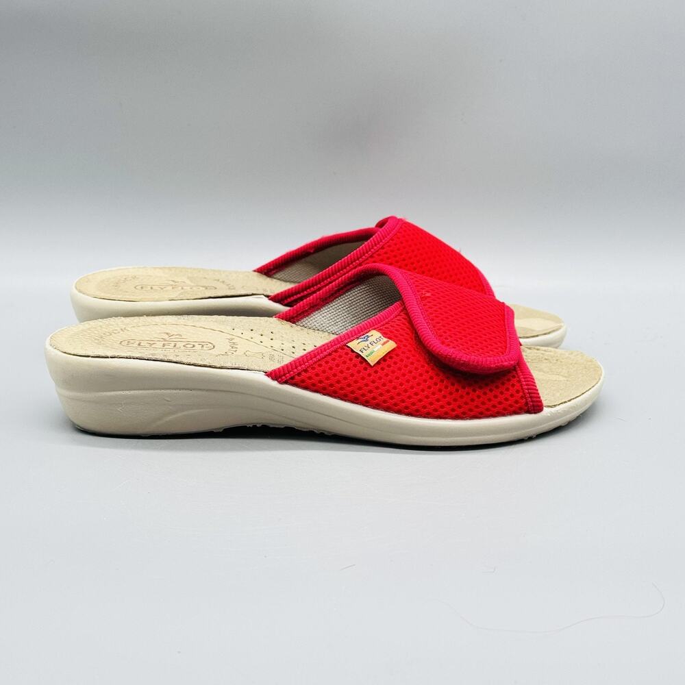 Fly Flot Sandals Womens 6 Red Mesh Hook & Loop Strap Wedge Slide Comfort Shoes